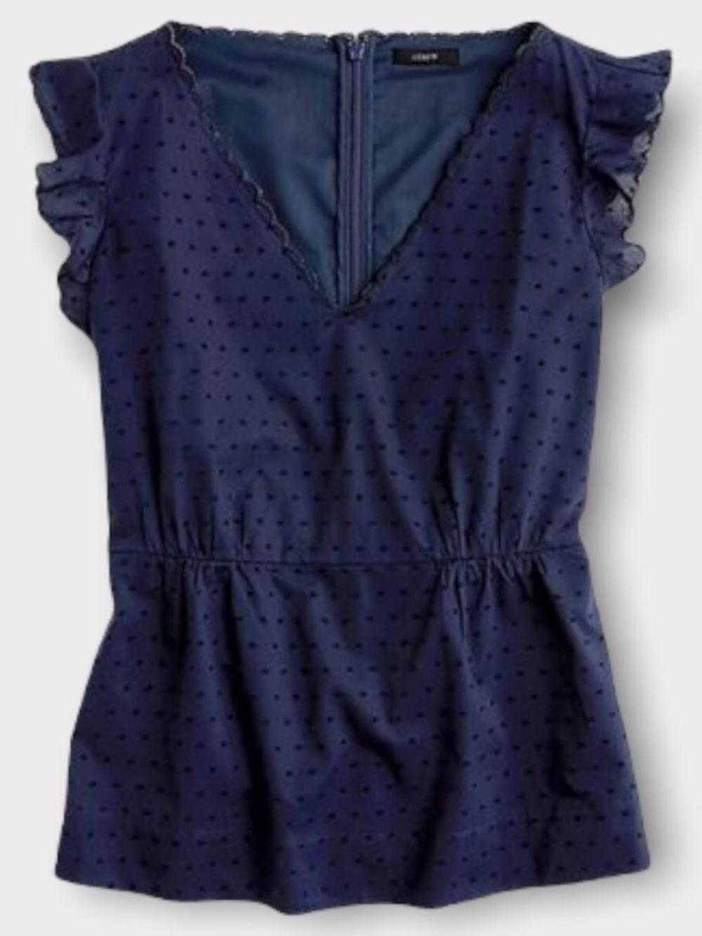 J. Crew Navy Blue Swiss Dot Peplum Flutter Sleeve Scalloped V-Neck Blouse Sz 18